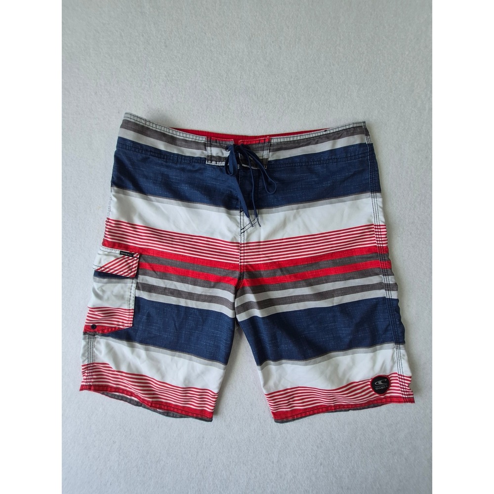 ONeill Mens Striped Board Shorts Navy Blue Red White Cargo Pocket Swim Trunks - Picture 2 of 12